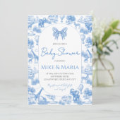 Blue Toile Safari Baby Shower Invitation (Debout devant)