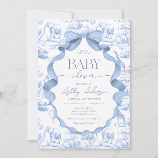 Blue Toile Safari Baby shower Uitnodiging (Voorkant)
