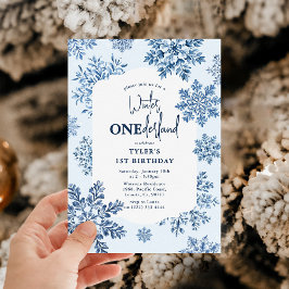 Blue Toile Snowflake Winter 1e verjaardag Kaart