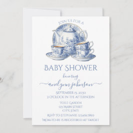 Blue Toile Tea Service Boy Baby shower Kaart