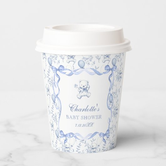 Blue Toile Teddy Bear Baby shower Papieren Bekers (Achterkant)
