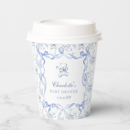 Blue Toile Teddy Bear Baby shower Papieren Bekers (Voorkant)