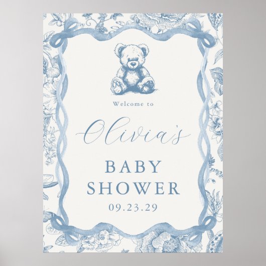 Blue Toile Teddy Bear Baby shower Welkomstbord Poster (Voorkant)