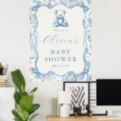 Blue Toile Teddy Bear Baby shower Welkomstbord Poster (Thuiskantoor)