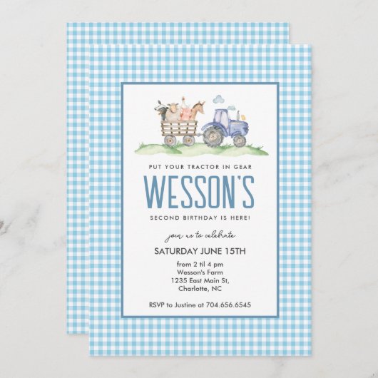 Blue Tractor Anniversaire, Invitation d'anniversai (Devant / Derrière)