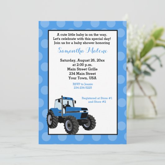 Blue Tractor Farming Baby shower Invitation #2 Kaart (Staand voorkant)