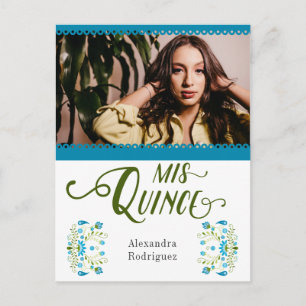 Blue Traditional Mexican Floral Foto Quinceanera Uitnodiging Briefkaart