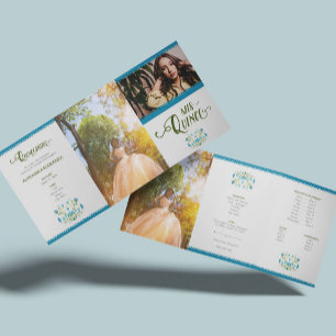 Blue Traditional Mexico Floral Foto Quinceanera Drieluik Uitnodiging