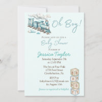 Blue Train Oh Boy baby shower uitnodiging