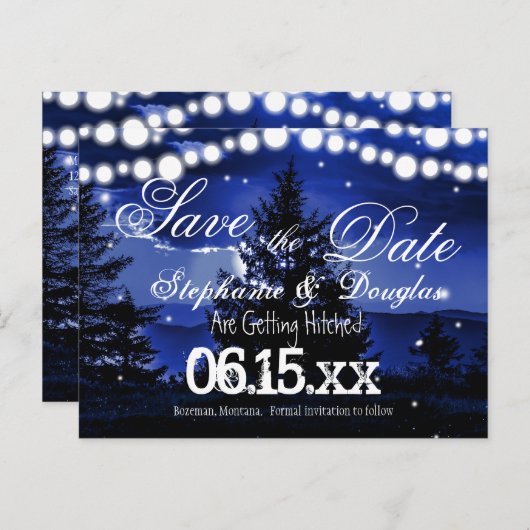 Blue Tree Twinkle Lights Enregistrer la date Carte (Devant / Derrière)