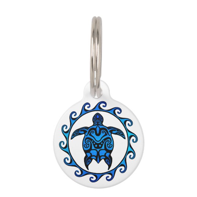 Blue Tribal Turtle Sun Huisdierpenning (Voorkant)