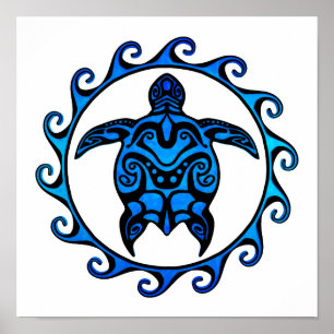 Blue Tribal Turtle Sun Poster