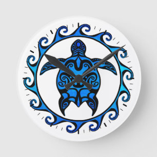 Blue Tribal Turtle Sun Ronde Klok