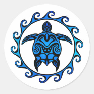 Blue Tribal Turtle Sun Ronde Sticker
