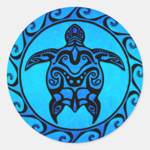 Blue Tribal Turtle Sun Ronde Sticker