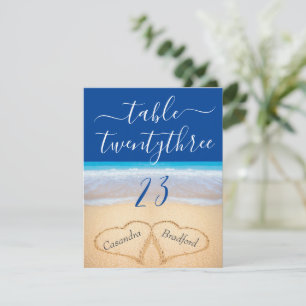 Blue Tropical Beach Hearts Wedding Table Number Bedankkaart
