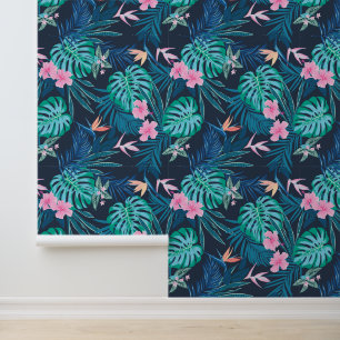 Blue Tropical Flower Garden Pattern Behang