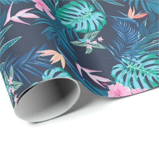 Blue Tropical Flower Garden Pattern Cadeaupapier (Rol Hoek)