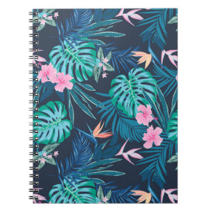 Blue Tropical Flower Garden Pattern Notitieboek