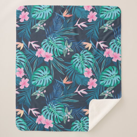 Blue Tropical Flower Garden Pattern Sherpa Deken (Voorkant)