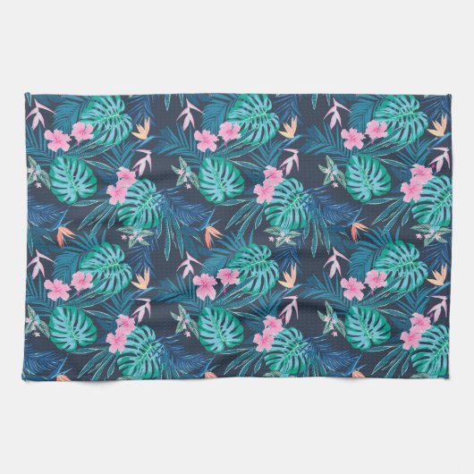 Blue Tropical Flower Garden Pattern Theedoek (Horizontaal)