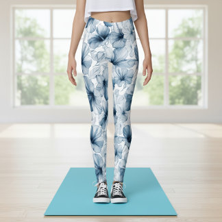 Blue Tropical Flowers Elegant Leggings