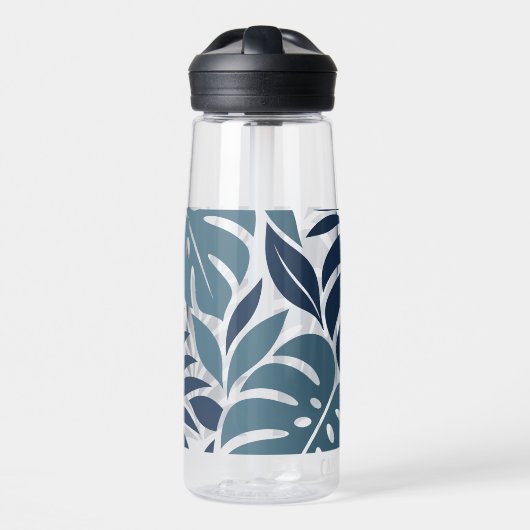 Blue Tropical Leaf Wrap Pattern Waterfles (Voorkant)