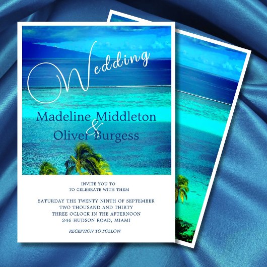 Blue Tropical Ocean Destination Wedding Kaart