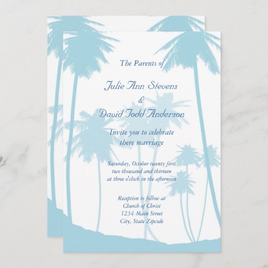 Blue Tropical Palm Tree Wedding Kaart (Voorkant / Achterkant)