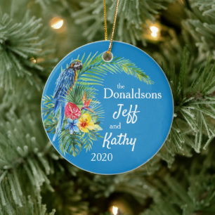 Blue Tropical Parrot Palm Leaf Flowers Names Foto Keramisch Ornament