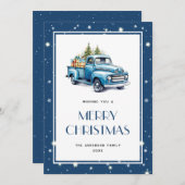 Blue Truck Tree Neige Stars Joyeux Noël Carte (Devant / Derrière)