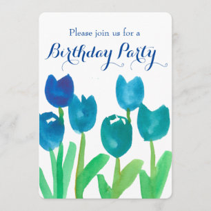 Blue Tulip Waterverf Flowers 90th Birthday Party Kaart
