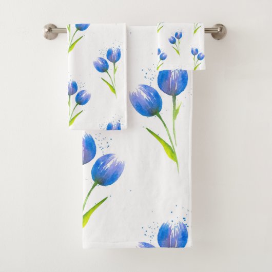 Blue Tulips Waterverf Patroon Bad Handdoek (Insitu)