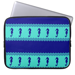 Blue Turquoise Coastal Seapaarden Stripes Laptop Sleeve