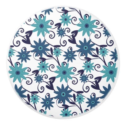 Blue Turquoise Floral Swirl Pattern Keramische Knop (Voorkant)