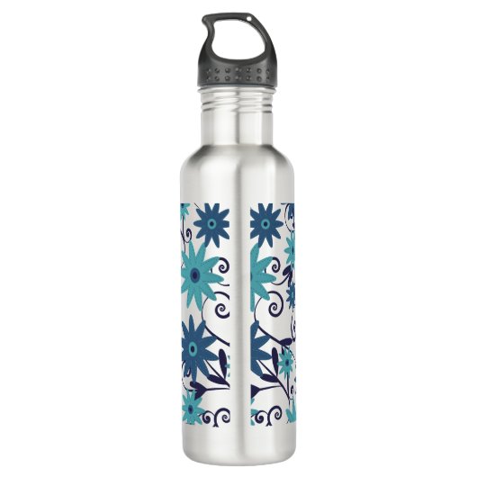 Blue Turquoise Flowers Monogram Waterfles (Achterkant)