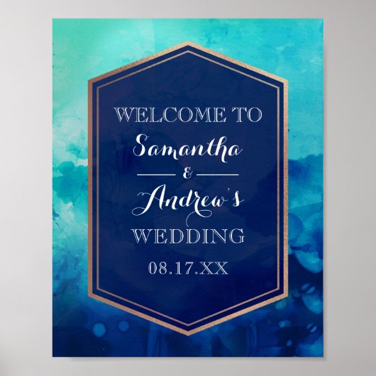 Blue Turquoise Gold Border Waterverf Wedding Poster (Voorkant)