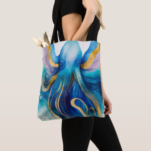 Blue Turquoise Gold Octopus Canvas tas
