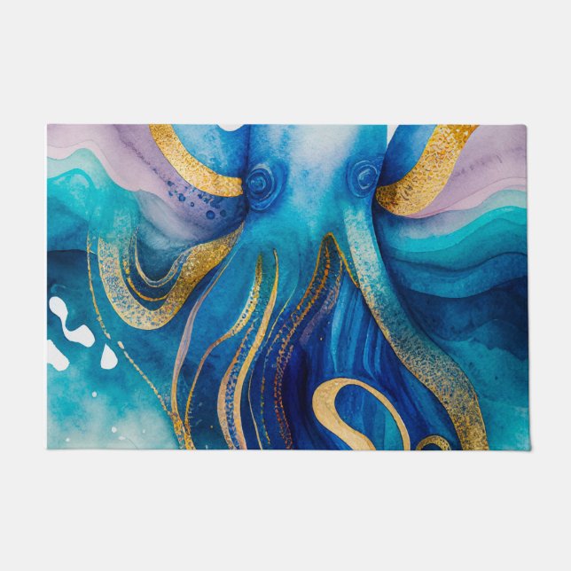 Blue Turquoise Gold Octopus Doormat Deurmat (Voorkant)