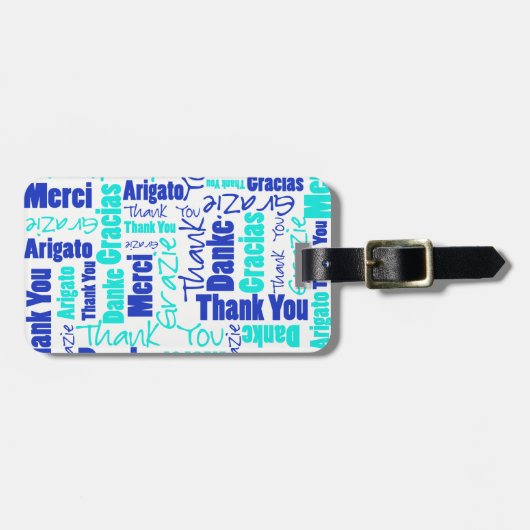 Blue Turquoise Multilingual Dank u wel Word Collag Bagagelabel (Voorkant horizontaal)