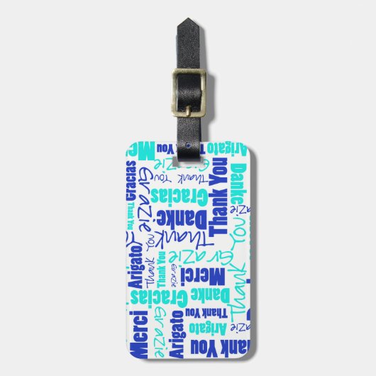 Blue Turquoise Multilingual Dank u wel Word Collag Bagagelabel (Voorkant verticaal)