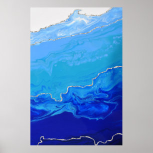 Blue Turquoise Silver Marble Abstracte Art Poster
