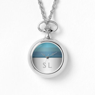 Blue Turquoise Stripes Pattern Uw monogram Horloge