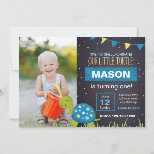 Blue Turtle Chalk Birthday Invitation met foto Kaart (Voorkant)
