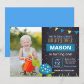 Blue Turtle Chalk Birthday Invitation met foto Kaart (Voorkant / Achterkant)