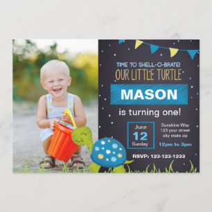 Blue Turtle Chalk Birthday Invitation met foto Kaart