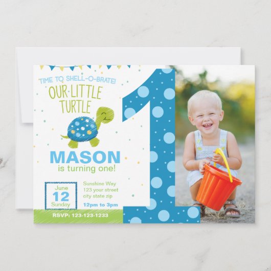 Blue Turtle eerste verjaardagsfeestje uitnodiging (Voorkant)