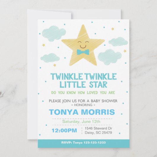 Blue Twinkle Little Star Baby shower Invitation Kaart (Voorkant)