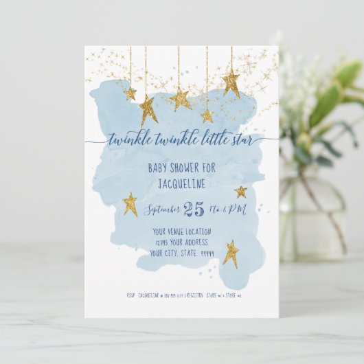 Blue Twinkle Little Star Gold Boy Baby shower Kaart (Staand voorkant)