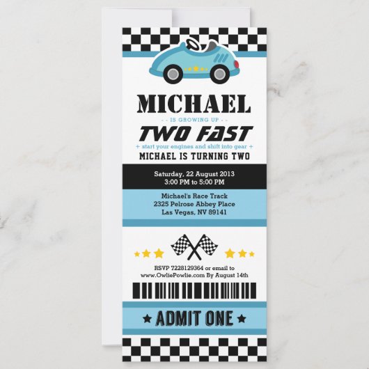 Blue Two Fast Race Car Ticket Pass Tweede Verjaard Kaart (Voorkant)